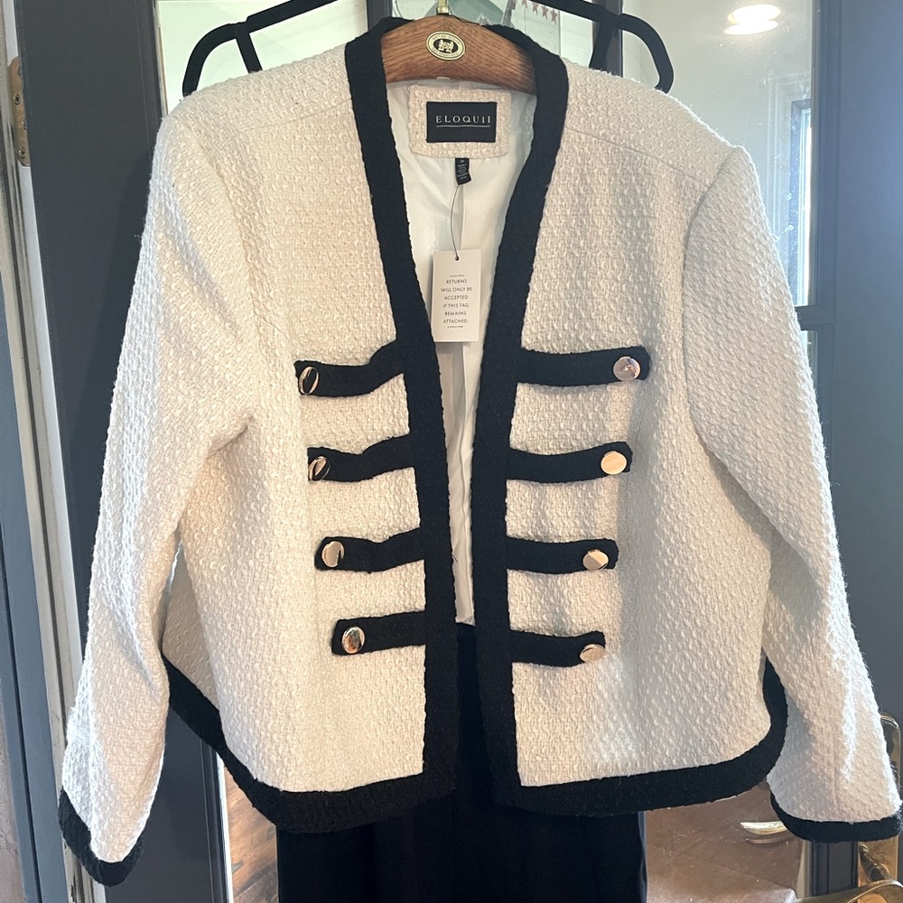 Eloquii White and Black Blazer with Military-Inspired Design